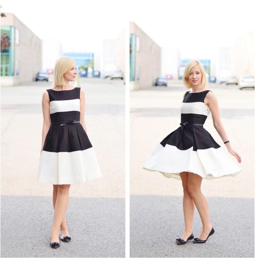 Kate Spade Gayle Black & cream Wide Stripe Pockets Side Zip Fit & Flare Dress